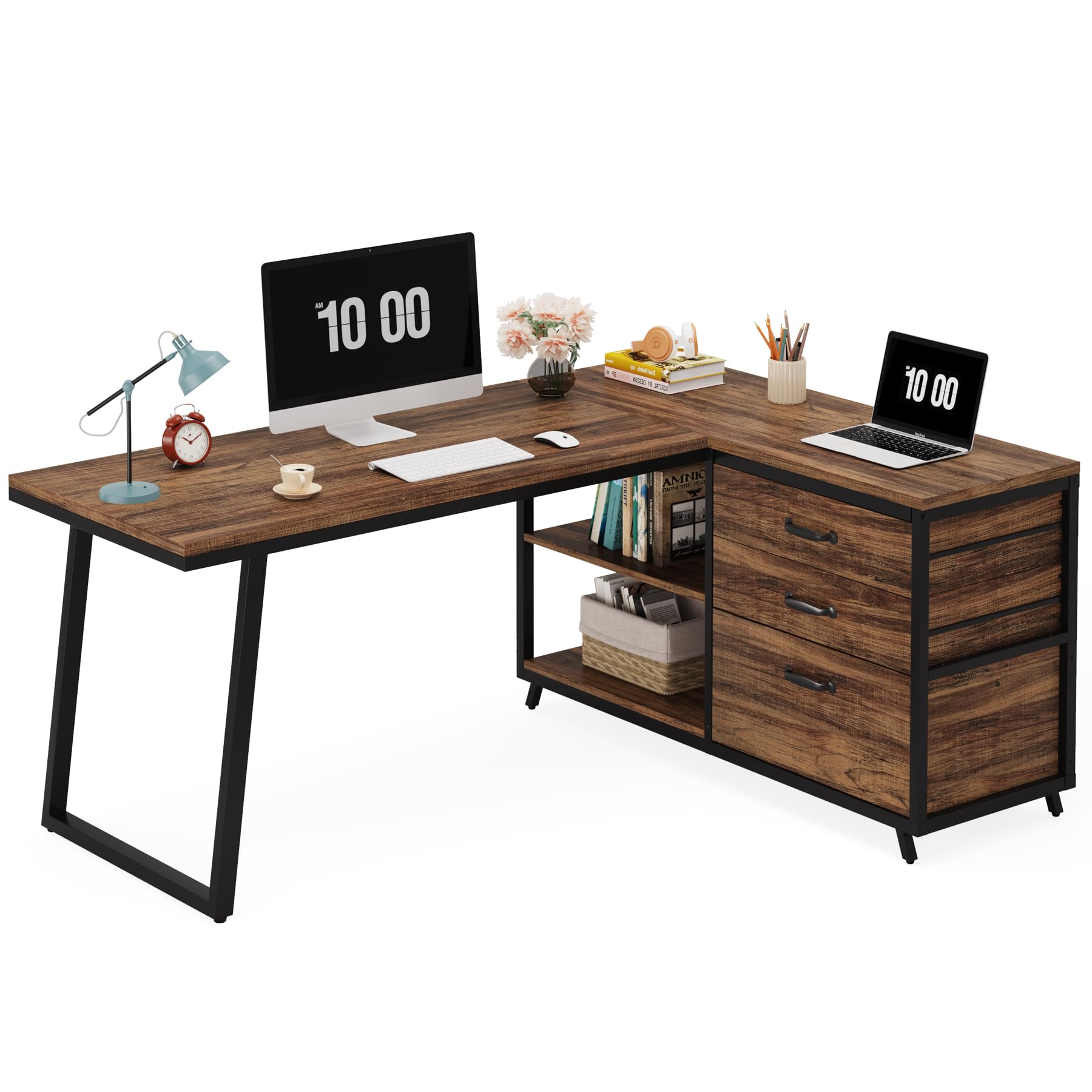 Amazon | Tribesigns l字デスク パソコンデスク 引き出し付き 幅135cm